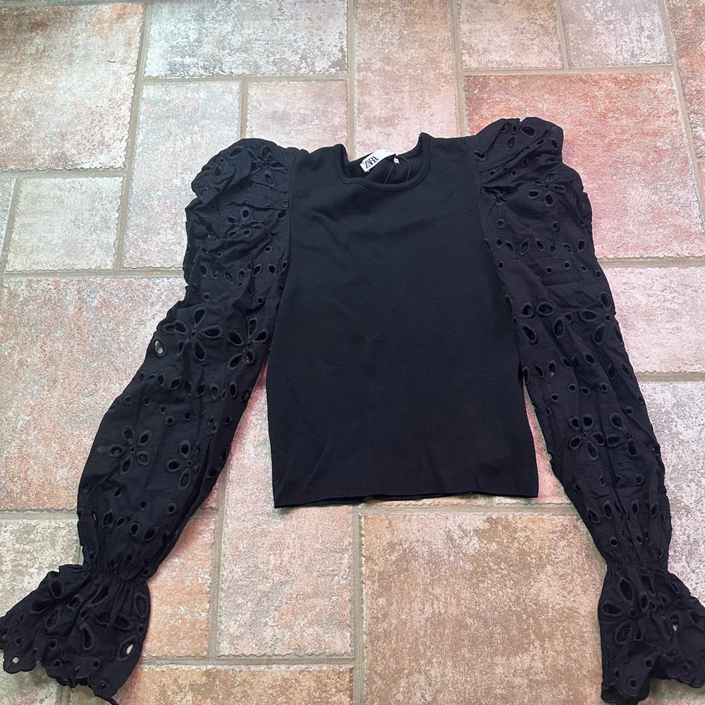Zara Black Blouse with Eyelet Sleeves